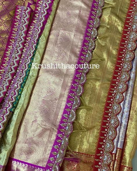 Saree Kuchu Designs For Bridal, Saree Border Maggam Work Designs, Tassels For Pattu Sarees, Sarees With Lace Borders, Saree Pallu Maggam Work, Maggam Saree Borders, Scalp Blouse Designs, Saree Maggam Border, Maggam Work Dupatta Designs