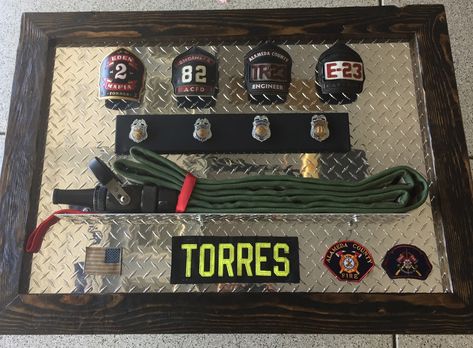 Firefighter Display, Fire Dept Decor, Firefighter Man Cave, Fire Department Decor, Firefighter Memes, Fire Crafts, Firefighter Home Decor, Firefighter Training, Shadow Box Display Case