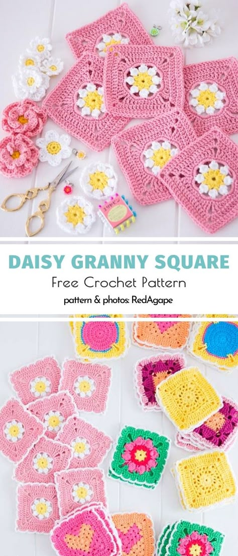 Daisy Granny Square Ideas and Patterns. This is an exceptionally beautiful, genius pattern for a granny square, created by a genius author who designs real wonders. This powder pink shade would be great for Valentine's Day crochet and for your first spring projects.  #freecrochetpattern #grannysquare #daisy Valentines Granny Square, Crochet Daisy Granny Square, Pink Granny Square, Daisy Granny Square Pattern, Granny Square Designs, Granny Square Pattern Free, Crochet Granny Stitch, Granny Square Häkelanleitung, Crochet Flower Squares