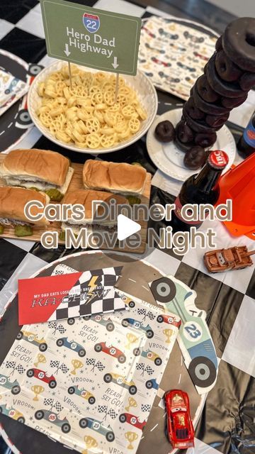 Heather Tenneson on Instagram: "The girls and I got to surprise David with a Cars themed dinner and a movie for Father’s Day. 🏁 ❤️   When @occasions.byshakira released her “Miles per Hour” party collection, I knew it would be perfect for a “Cars” dinner and a movie night. It made it even better when @gracecollectiveshop released racing themed Father’s Day printables. 🙌🏻  On our menu:  - Lightning McQueen’s Pulled Pork Speedsters - Mack’s Spinning Wheel Mac-n-Cheese - Luigi’s Leaning Tower of Donut Tires - Piston Peanut Butter Cup Dip - Rust-eze Bumper Ointment (root beer)  We had a great time sitting around the table catching up with the big girls and listening to them tell us all about their week at church camp.   David, I hope you have the best Father’s Day! We’re thankful for you ❤️ Family Movie Night Meals, Cars Themed Dinner, Spiderman Movie Night, Peanut Butter Cup Dip, Donut Tires, Theme Dinners, Movie Dinner, Movie Night Food, Disney Dinner