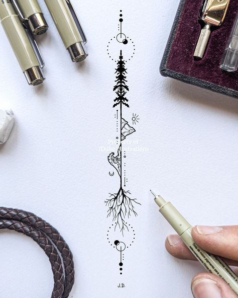 Outdoor Spine Tattoo, Spine Tattoos For Women Tree, Tree Of Life And Compass Tattoo, Tree With Compass Tattoo, Tree Compass Tattoo Ideas, Spine Tattoos Western, Tree Spine Tattoo, Fine Line Nature Tattoo, Abstract Compass Tattoo Design