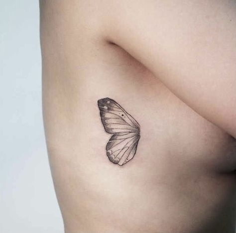 Holes In Butterfly Wings Tattoo, One Butterfly Wing Tattoo, Rib Wing Tattoo, Butterfly Ribs Tattoo, One Wing Butterfly Tattoo, Half Butterfly Wing Tattoo, Wings Rib Tattoo, Butterfly Ribcage Tattoo, Behind The Ear Butterfly Tattoo