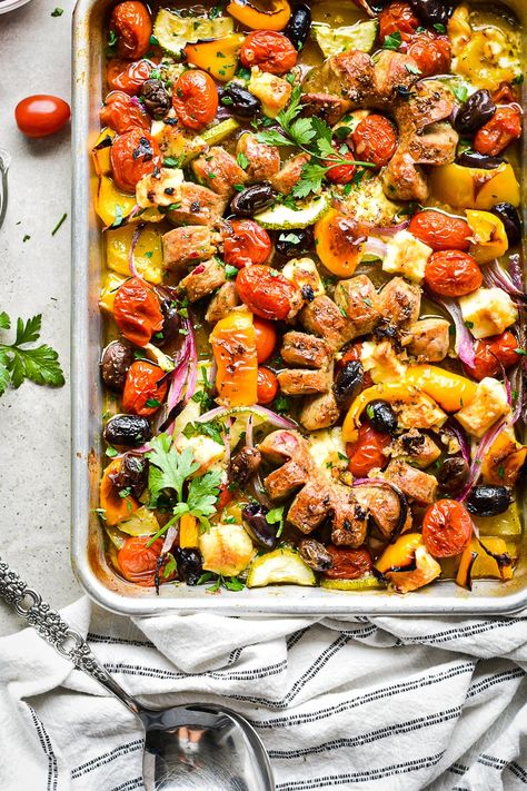 Greek Sausage, Italian Style Chicken, Sausage Sheet Pan Dinner, Sausage Tray Bake, Sausage Sheet Pan, Feta And Olives, Chicken Sausage Recipes, Mediterranean Diet Recipes Dinners, Sausage Dinner