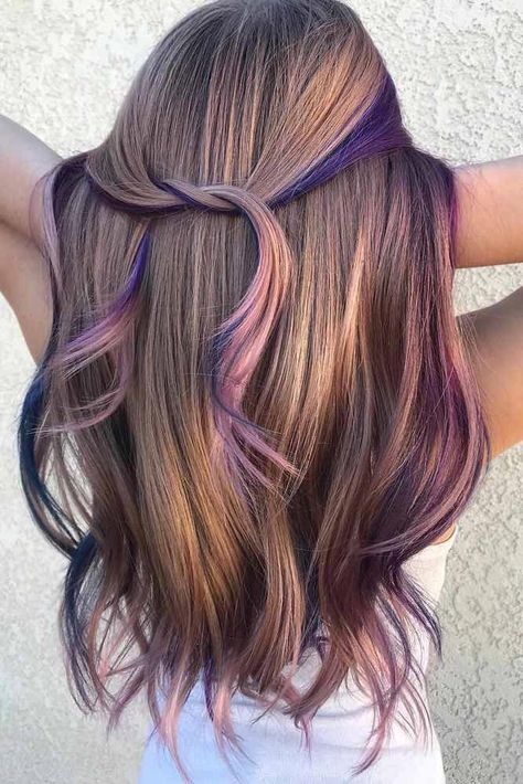 Cold Undertones Rainbow With Light Brown Hair ❤️ A Brunette Can Look Like A Mermaid, Too! ❤️ Check out rainbow hair color collection on our blog!!! #lovehairstyles #hair #haircolorideas #mermaidhair #rainbowhair Unnatural Fall Hair Color, Underdye Hair For Brunettes, Subtle Vibrant Hair Color, Long Hairstyles And Color Ideas, Subtle Pop Of Color In Hair, Brown Hair With Lilac Peekaboo, Pbj Hair Dye, Pb And J Hair Color, Balayage Hair With Color Pop