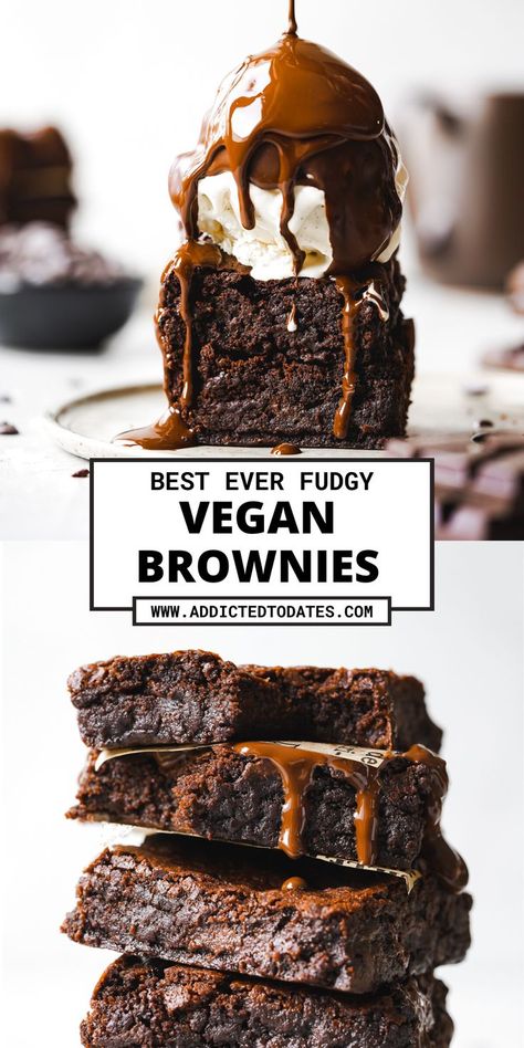 stack of brownies with ice cream and chocolate sauce on top. Vegan Tart Recipes, Desserts Recipes No Bake, Baking Dairy Free, Cookie Recipes Vegan, Cake Recipes Vegan, Vegan Brownies Easy, Fudgy Vegan Brownies, Vegan Tart, Best Vegan Brownies