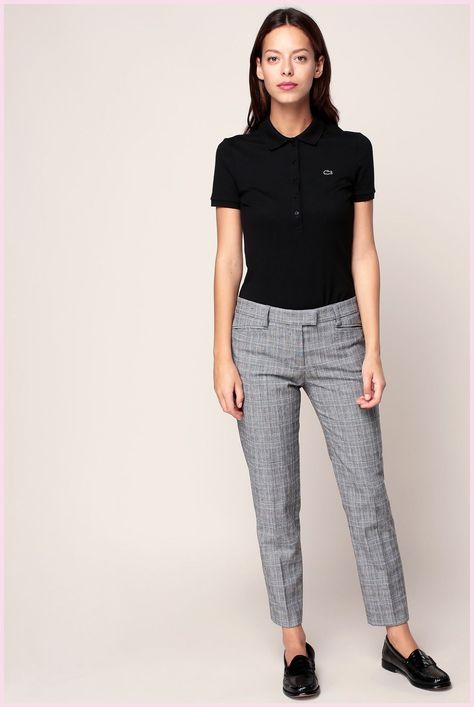 Polo And Khaki Women, How To Dress Up A Polo Shirt For Work, Styling Polo Shirts Women Work, How To Style A Polo Shirt Women For Work, Polo Uniform Outfits Work, Work Polo Outfit, Polo Shirt Work Outfit Women, Polo Work Shirt Outfit Women, Polo Work Outfit