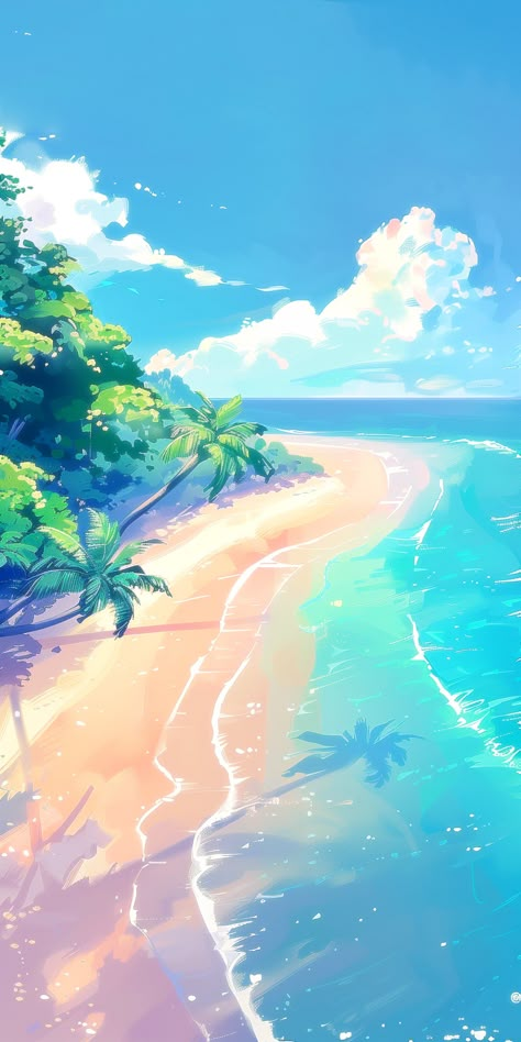 How To Draw A Beach Scene, Anime Beach Background, Beach Landscape Drawing, Anime Beach Art, Anime Summer Beach, Under Water Art, Ocean Anime, Anime Ocean, Anime Wallpapers Aesthetic