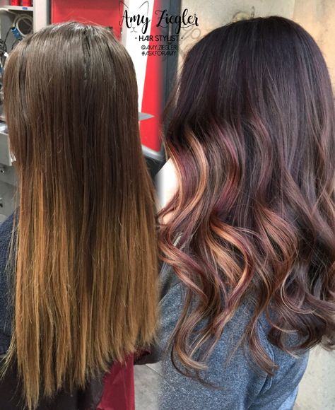 Before & After Burgundy & Caramel Balayage on Brunette by @amy_ziegler Burgundy Caramel Balayage, Balayage On Brunette, Should I Get Bangs, Ombre Hair Color For Brunettes, Burgundy Balayage, Formal Hairstyle, Hair Color Inspiration, Bronde Hair, Fancy Hair