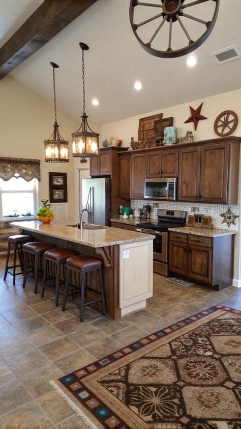 Rustic Kitchen Affordable Rustic Kitchen, Cowboy Decor, Rustic Kitchens, Rustic Inspiration, Cowboy Decorations, Saddle Stools, Makeover Tips, Wheel Chandelier, Western Rustic