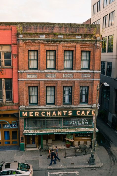 Merchants Cafe in Seattle Washington Pioneer Square the oldest restaurant in Seattle Pioneer Square Seattle Photoshoot, Seattle Cafe Aesthetic, Seattle Coffee Aesthetic, Seattle Buildings, Seattle Cafe, Seattle Washington Aesthetic, Seattle Underground, Pioneer Square Seattle, Seattle Street