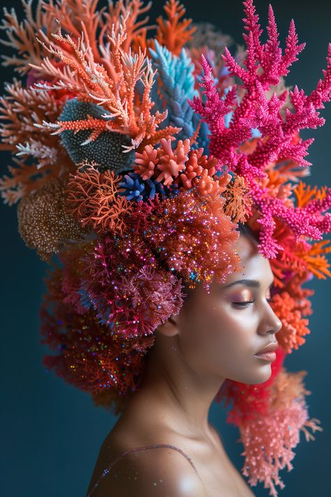 Dive into a world of vibrant beauty with our Coral Cascade Digital Art Collection, where women adorned with colorful coral in their hair exude elegance and grace. This captivating collection features a series of stunning digital artworks that celebrate the harmony between the ethereal allure of coral reefs and the timeless elegance of the female form. Each digital download showcases a different woman adorned with intricately detailed coral, creating a mesmerizing juxtaposition of natural wonder Coral Reef Headpiece, Coral Inspired Fashion, Coral Reef Aesthetic, Coral Art, Coral Design, Living Coral, Sea Coral, Coral Reefs, Natural Forms