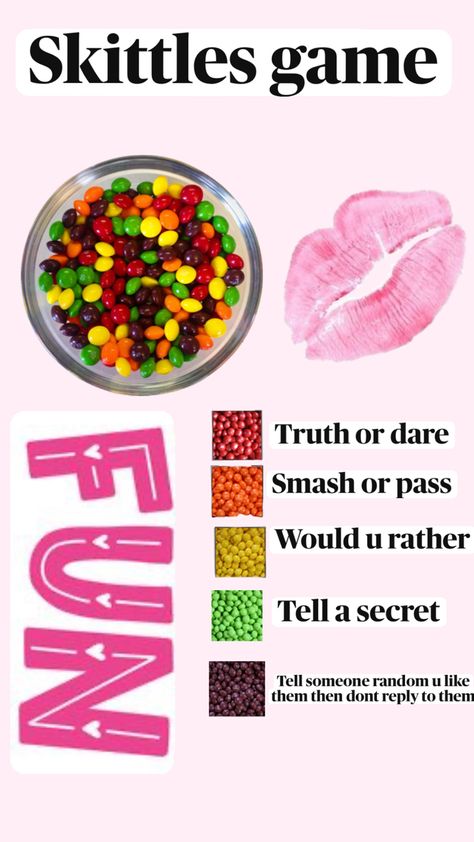 Fun Sleepover Activities, Skittles Game, Teen Sleepover Ideas, Would U Rather, Birthday Sleepover Ideas, Teen Sleepover, Teen Fun, Smash Or Pass, Sleepover Games