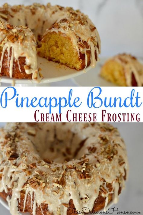 Delicious Pineapple Bundt Cake with a cinnamon cream cheese frosting topped with toasted coconut and pecans is so easy to make in one bowl. Don't miss this super moist and tasty cake! #pineapplebundtcake #pineapplecake Best Pineapple Cake, Bundt Cake Cream Cheese Frosting, Pineapple Bundt Cake, Cream Cheese Frosting Cake, Bowl Cake, Pineapple Cake, Bundt Cakes Recipes, Just Cakes, Sauce Tomate