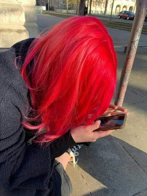 Electric Red Hair, Bright Red Pink Hair, Red Pinkish Hair, Red Bright Hair, Pink Red Hair Color, Bright Red Hair Aesthetic, Red Hair Color Bright, Red Fire Hair, Neon Red Hair