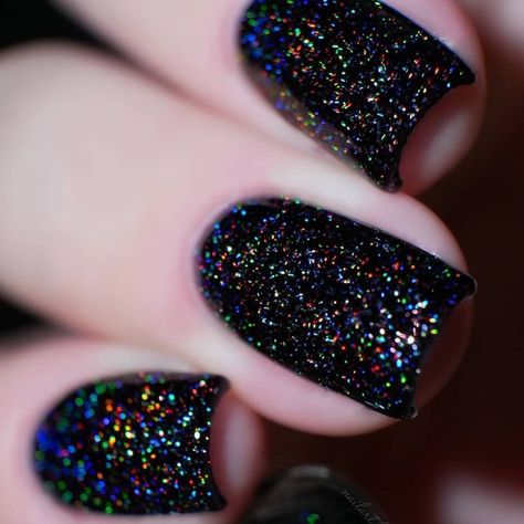 Black Rainbow Flake Holographic Shimmer Nail Black Rainbow Sparkle Nails, Black Nails With Multicolor Glitter, Black Opalescent Nails, Black Nails With Rainbow Glitter, Black Glittery Nails Acrylic, Black Glitter Dip Powder Nails, Black Confetti Nails, Black Disco Nails, Black With Glitter Nails