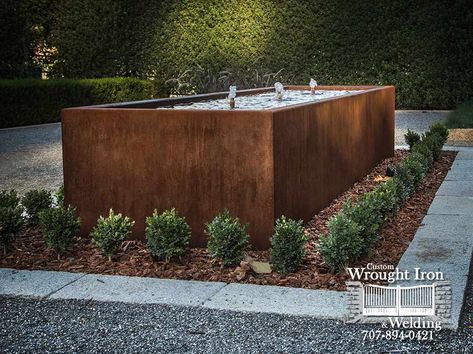 Sonoma County Corten Steel Water Feature [133] - Wine Country Custom Iron Works Steel Water Feature, Entry Courtyard, Pool Water Features, Outdoor Space Design, Stock Tank Pool, Stock Tank, Mill Valley, Square Planters, Water Features In The Garden