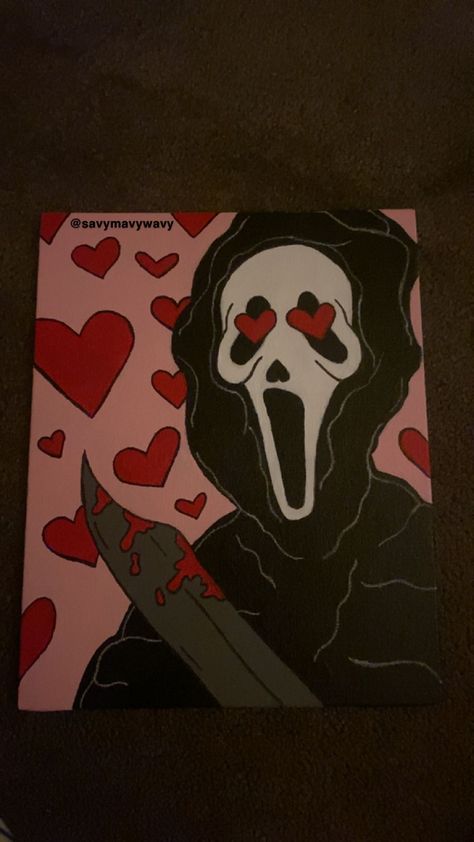 ghostface painting heart eyes pink scream movie pink ghostface art canvas paint inspo Scream Canvas Painting Easy, Easy Ghost Face Painting, Ghostface Painting Easy, Pumpkin Painting Ideas Scream, Ghost Face Painting Easy, Scream Painting Easy, Scream Ghostface Drawing, Ghostface Painting Canvas, Ghostface Pumpkin Painting