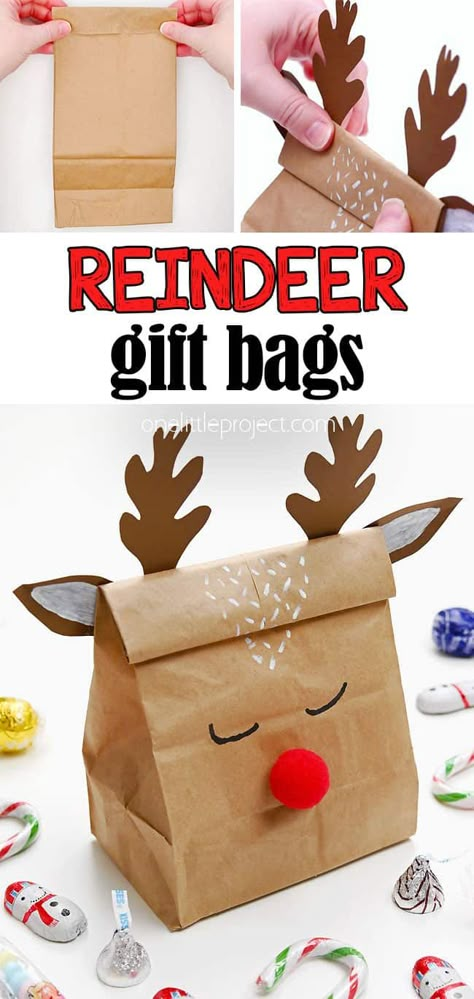 These adorable reindeer gift bags are the perfect way to wrap up holiday treats! Use a paper lunch bag and our free, printable template to make one of these DIY Christmas gift bags. This festive Christmas craft is full of cheer, and you only need simple dollar store supplies. Such an easy and fun holiday craft for both kids and adults! Diy Christmas Gift Bags, Diy Gift Bags From Wrapping Paper, Reindeer Gift Bags, Diy Christmas Activities, Christmas Gifts For Neighbors, Homemade Gift Bags, Paper Reindeer, Diy Reindeer, One Little Project