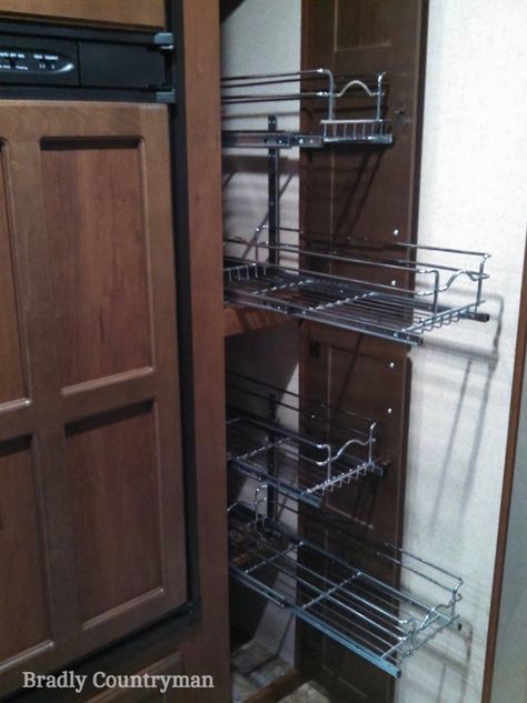 Rv Pantry, Narrow Pantry, Rv Cabinets, Pantry Plans, Small Kitchen Pantry, Cabinet Slides, Rv Inspiration, Deep Pantry, Pull Out Pantry