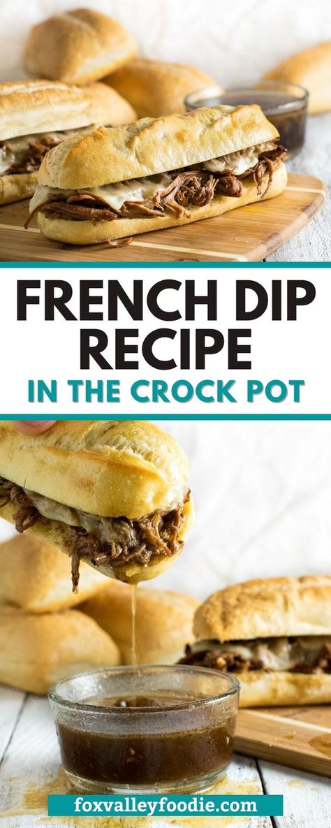 Learn how easy it is to make French Dip in the Crock Pot. This recipe is as simple as adding the ingredients to your slow cooker and letting it infuse your house with the intoxicating aroma of beef simmering in a richly seasoned au jus until it reaches mouthwatering perfection. Best French Dip Sandwich Crockpot, Beef Sandwiches Crock Pot, Crock Pot French Dip Sandwiches, French Dip Recipe, Crock Pot French Dip, French Dip Sandwich Crockpot, French Dip Recipes, French Dip Crock Pot, Au Jus Recipe