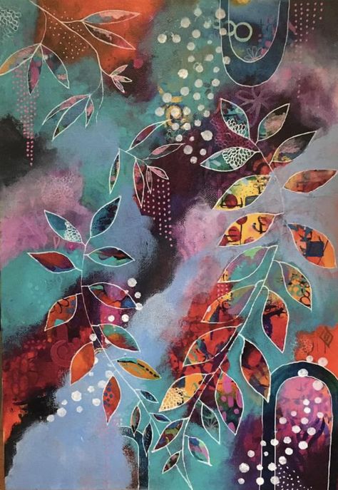 Nature Collage Art Mixed Media, Mixed Media Flowers On Canvas, Flora Bowley Paintings, Mixed Media Forest, Mixed Media Dragonfly Art, Modele Zentangle, Flora Bowley, Butterfly Art Painting, Oil Painting Inspiration