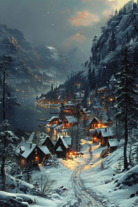 Winter Landscape Mountains, Winter Landscape Aesthetic, Christmas Aesthetic Landscape, Snowy Mountains Aesthetic, Winter Fantasy Art, Winter Mountain Painting, Snow Aesthetic Wallpaper, Snowy Mountains Painting, Winter Scenes Wonderland