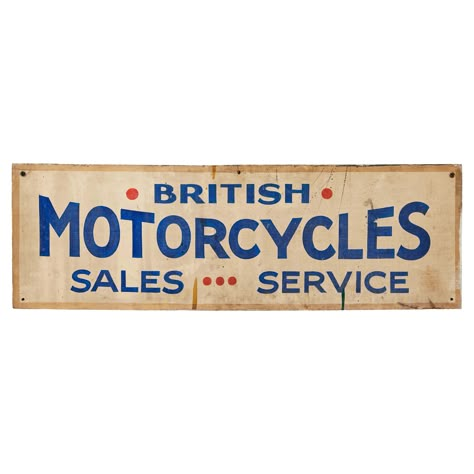 Vintage graphic Motorcycles sales and service sign. Great hand-painted lettering. Wood with original paint surface. Found in the northeastern United States. Fun Americana with a British theme! Retro Signage Design, Vintage Garage Signs, Hand Painted Signage, Old Stickers Vintage, Old Signs Vintage, Vintage Hand Painted Signs, General Store Sign, Vintage Store Signs, Vinyl Signage