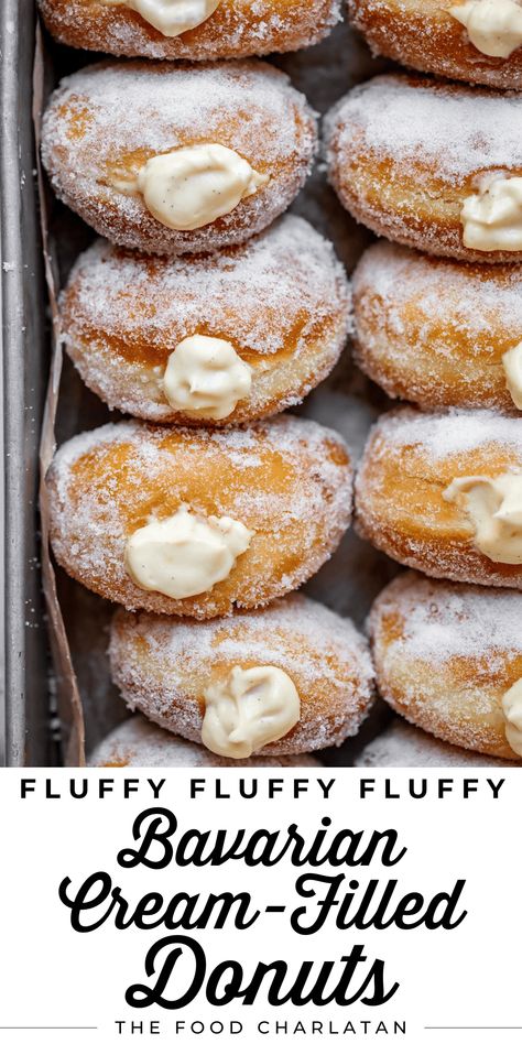 Bavarian Cream Donuts from The Food Charlatan. What's better than a soft, puffy Donut? A cream filled donut! Bavarian Cream Donuts are a classic for a reason. Fried dough rolled in sugar and filled with custard (Pastry Cream + whipped cream), they are a totally irresistible and decadent treat. I will show you exactly how to make them step by step! These are perfect to make for birthdays, holidays, or any lazy weekend where you feel like having a treat, or fun to make together with a group! Cafe Dinner Ideas, Cream Filled Doughnut Recipe, Homemade Cream Filled Donuts Recipe, Cream Filling For Donuts Recipe, Bavarian Donut Recipe, Filling For Donuts Recipes For, Homemade Filled Donuts Recipe, Donut Recipes Fried, Filled Donuts Homemade