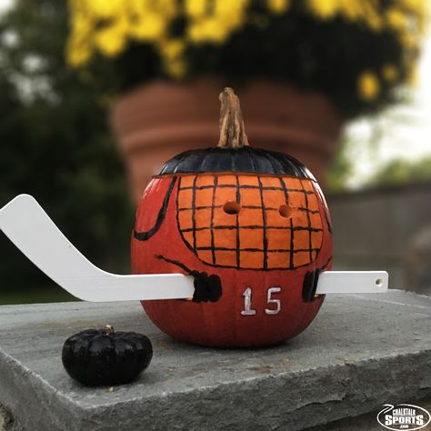 Hockey Pumpkin Carving, Hockey Pumpkin, Hockey Halloween, Hockey Crafts, Hockey Decor, Hockey Party, Hockey Birthday, Hockey Season, Painted Pumpkin