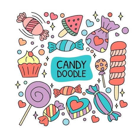 Vector set candy doodle hand drawn desig... | Premium Vector #Freepik #vector #candy-drawing #sketches #lollipop #candies Candy Drawing Aesthetic, Candy Illustration Graphics, Lollipop Doodle, Candy Sketch, Candy Doodles, Candy Drawings, Candy Illustration, Lolly Jars, Candy Drawing