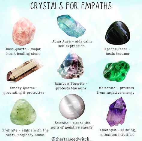 Empath Crystals, Crystals For Empaths, Energy Stones Crystal Healing, Gemstones Chart, Crystal Healing Chart, Grimoire Book, Magic Herbs, Crystal Guide, Crystals Healing Properties