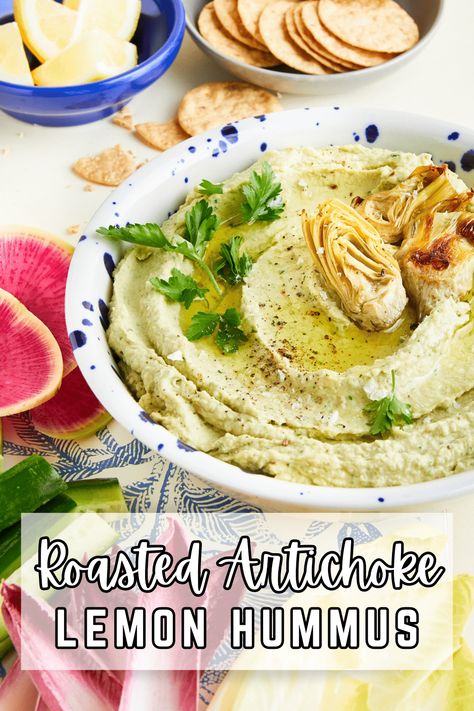 Roasted Artichoke Lemon Hummus @spabettie #glutenfree #vegan #dairyfree #snack #hummus #dip #recipe Creamy Hummus Recipe, Classic Hummus Recipe, Lemon Hummus, Healthy Hummus, Healthy Vegetarian Snacks, Hummus Ingredients, Hummus Recipe Homemade, Roasted Artichoke, Easy Hummus