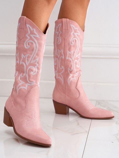 White Western Boots, Pink Cowboy Boots, Botas Western, Pink Cowgirl Boots, Chunky Heeled Boots, Womens Cowgirl Boots, Rosa Coral, Platform Heels Boots, Pink Cowgirl