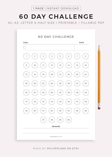 60 Day Challenge, Goal Setting, Progress Tracker, Habit Forming, A4/a5/letter/half, Printable & Fillable PDF, Horizontal, Instant Download - Etsy | 60 day challenge, Habit tracker printable, Challenges Boyfriend Bucket Lists, 60 Day Challenge, Habit Tracker Bullet Journal, Habit Tracker Printable, Weight Tracker, Health Planner, Hole Punches, Habit Forming, Goal Tracker