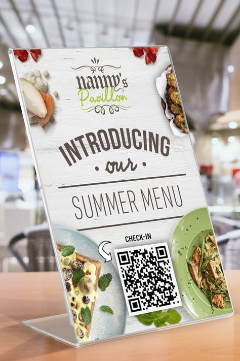 Angled acrylic sign holder on a restaurant tabletop displaying a QR code menu poster Restaurant Sign Design, Counter Signage, Restaurant Poster Design, Restaurant Posters, Standing Signage, Acrylic Sign Holder, Restaurant Poster, Point Of Sale Display, Signage Display