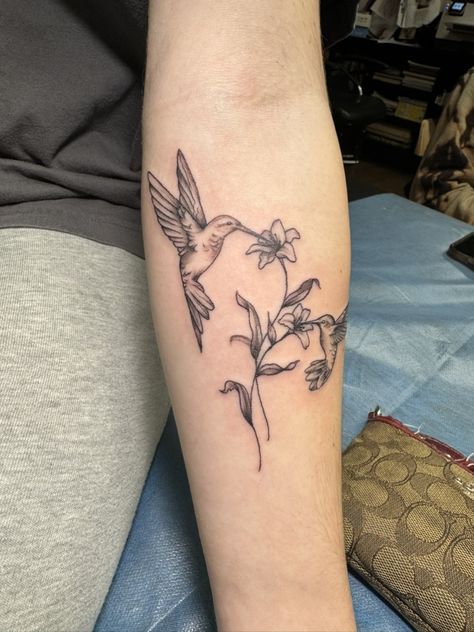 Hummingbird And Carnation Tattoo, Outer Arm Tattoos For Women Forearm, Hummingbird Tattoo Forearm, Hummingbird With Flower Tattoo, Hummingbird Wrist Tattoo, Hollyhock Tattoo, Hummingbird Tattoo With Flowers, Petunia Tattoo, Hummingbird Flower Tattoos