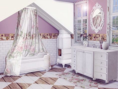 Sims 4 Shabby Chic, Shabby Bathroom, Shabby Chic Outdoor Decor, Princess Bathroom, Cc Furniture, Cc Mods, Bathroom Walls, Sims 4 Cc Furniture, Pink Bathroom