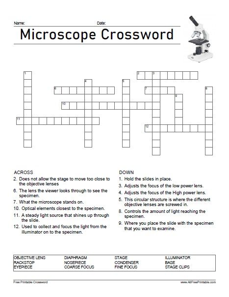 Free Printable Microscope Parts Crossword. Free Printable Microscope Parts Crossword, great for your next science class at school or homeschool. Have fun solving this crossword about the microscope parts. Print the crossword free and share it with your students, parents and teachers. Learn more about the microscope with this 12 related words like Base, Stage, Illuminator, Condenser, Objective Lens, Arm, Microscope Worksheet, Microscope Parts, Teaching Posters, Classroom Activity, Boys And Girls Club, Crossword Puzzles, Crossword Puzzle, Classroom Activities, Reading Writing