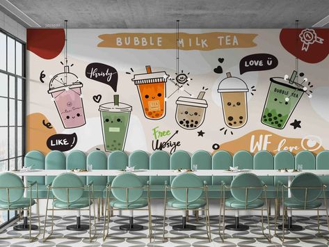 3D Cartoon Bubble Tea Milk Tea Shop Pearl Tea Wall Art - Etsy Tea Wall Art, Cartoon Bubbles, Bubble Tea Shop, Pearl Tea, Bubble Milk Tea, Tea Milk, Kids Wall Decor, Wallpaper Stickers, Fruit Tea