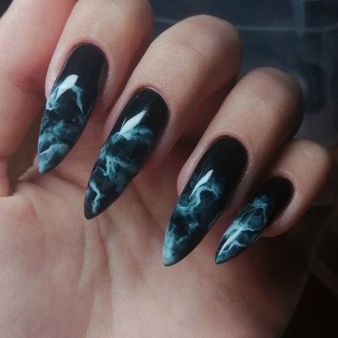 Black And Teal Marble Nails, Stormy Nails, Nail Sunny, Nail Paints, Nails Styles, Long Almond Nails, 2023 Nail, Water Color Nails, Punk Nails