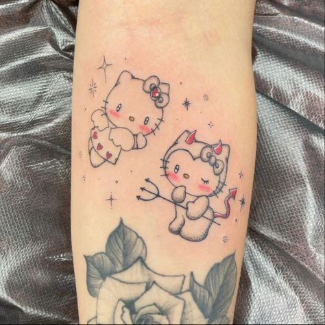 Hello Kitty Gemini Tattoo, Hello Kitty Angel Tattoo, Devil Hello Kitty Tattoo, Hk Tattoo, Grey Ink Tattoo, Hello Kitty Tattoo, Sunflower Tattoo Sleeve, Kitty Tattoos, Kitty Tattoo