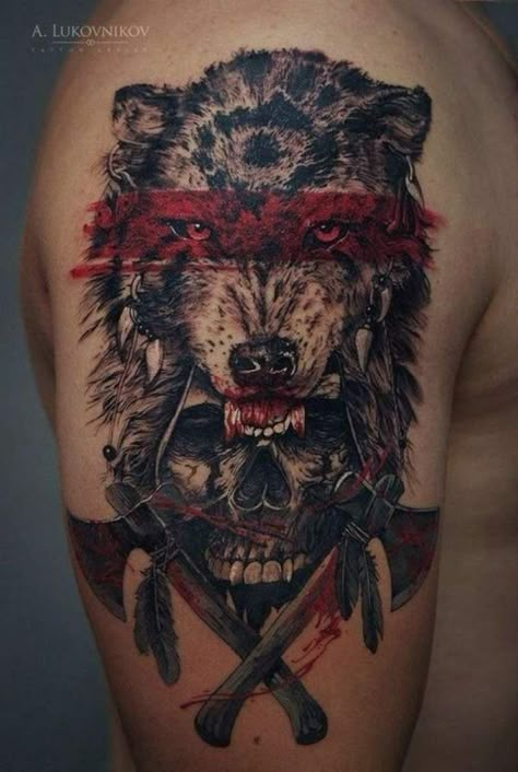 Indian wolf and Skull tattoo ideas #tattoodesigns #wolftattooideas #wolftattoodesign #sleevetattoos Kurt Tattoo, Headdress Tattoo, Wolf Tattoos Men, Wolf Tattoo Design, Geniale Tattoos, Indian Tattoo, Maori Tattoo, Wolf Tattoos, Wolf Tattoo