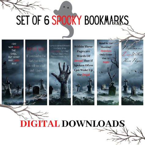 6 incredibly cool bookmarks to use while reading. They are perfect for horror stories!! Horror Bookmarks, Scary Novels, Bookmarks Halloween, Spooky Bookmarks, Scary Quotes, Halloween Bookmarks, Creepy Quotes, Cool Bookmarks, Halloween Gift Bags