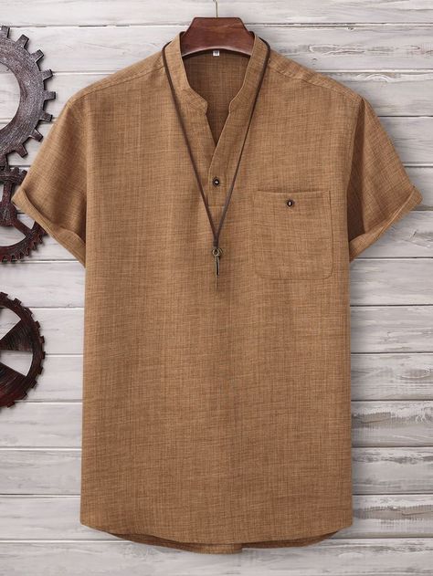 Men's brown casual short sleeve polyester shirt Men Clothes Styles Outfits, Shirt Styles Men, Mens Shirt Collar Styles, Man Shirt Style, Men Shirt Style Casual, Shirt For Men Casual, Short Sleeve Shirts For Men, Mens Casual Shirts, Summer Shirts Men