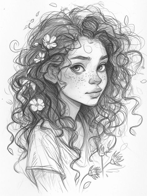 25 Cute Female Character Sketch Ideas for All Skill Levels - Brighter Craft Curly Hair Portrait Drawing, Cute People Sketches, Hair With Flowers Drawing, Sketch Doodle Ideas, Curly Hair Girl Sketch, Flower Hair Drawing, Cute Portrait Drawing, Mk Drawings, Flowers In Hair Drawing