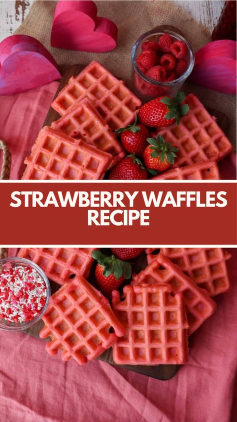 Strawberry Waffles recipe made of fresh strawberries, flour, eggs, and milk serves 6 takes about 30 minutes to prepare and cook, creating a delightful breakfast option for any day. These waffles are visually appealing with a lovely pink color, sure to brighten your morning! Strawberry Cream Cheese Waffles, Strawberry Waffles Recipe, Stuffed Waffles Recipe, Breakfast With Strawberries, Raspberry Waffles, Pink Waffles, Stuffed Waffles, Berry Waffles, Strawberry Recipe