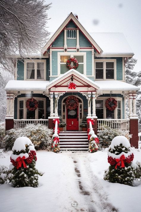 How to Create Stunning Christmas Curb Appeal: 12 Holiday Scenes Christmas Houses Exterior, Christmas House Exterior Decoration, Christmas Victorian House, Victorian Cottage Exterior, Christmas Decor Exterior, Winter Home Exterior, Christmas House Exterior, Christmas Home Exterior, Hall Ideas