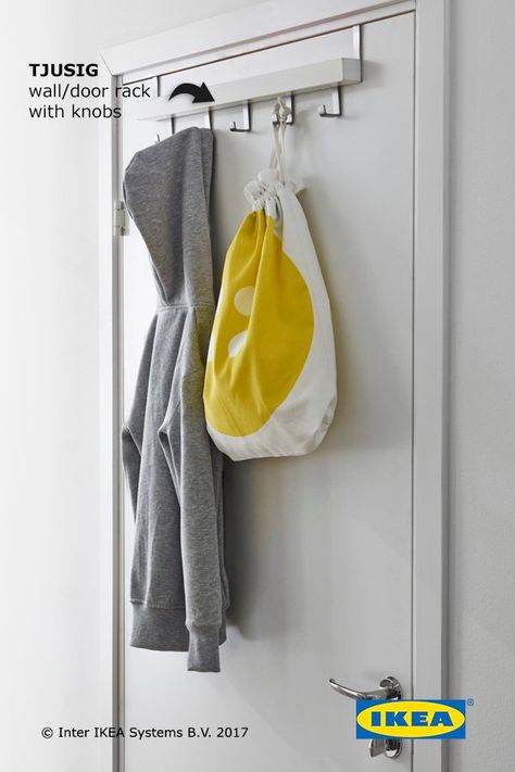 The IKEA TJUSIG wall/door rack with knobs has sturdy hooks that are perfect for hanging coats, bags, scarves, hats and anything else you may need as you head out the door. Ikea Best, Ikea Storage Solutions, Photos On Wall, Clothes Storage Systems, Neat Closet, Wall Hangings Ideas, Hallway Organization, Small Spaces Ideas, Storage For Small Spaces