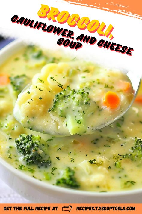 Dive into our heartwarming recipe for Broccoli, Cauliflower, and Cheese Soup. Brimming with wholesome ingredients and rich flavors, this comfort food is not only nutritious but simply delicious! Perfect to warm up your chilly evenings while adding color to your diet. Perfect for dinner or lunch. Pin this for a step-by-step guide on how to make this creamy delight! Cauliflower Cheese Soup Crockpot, Broccoli Cauliflower Soup Recipes, Cheesy Broccoli Cauliflower Soup, My Pins Saved Boards Recipes, Cauliflower And Cheese Soup, Cauliflower Broccoli Soup, Broccoli Cauliflower Cheese Soup, Cauliflower And Broccoli Soup, Broccoli And Cauliflower Soup