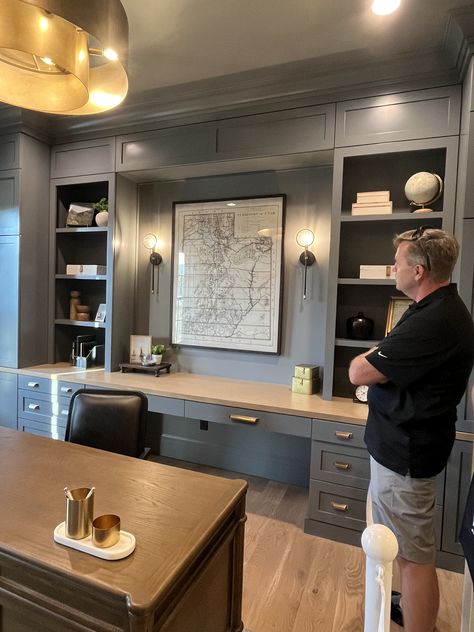 Family Room With Study Area, Home Office Built In Ideas, Oak Office Built Ins, Built In In Office, Office Shelf Styling Masculine, Stained Office Built Ins, Built In Office Desk And Cabinets Modern, Masculine Office With Built Ins, Partner Desk Home Office